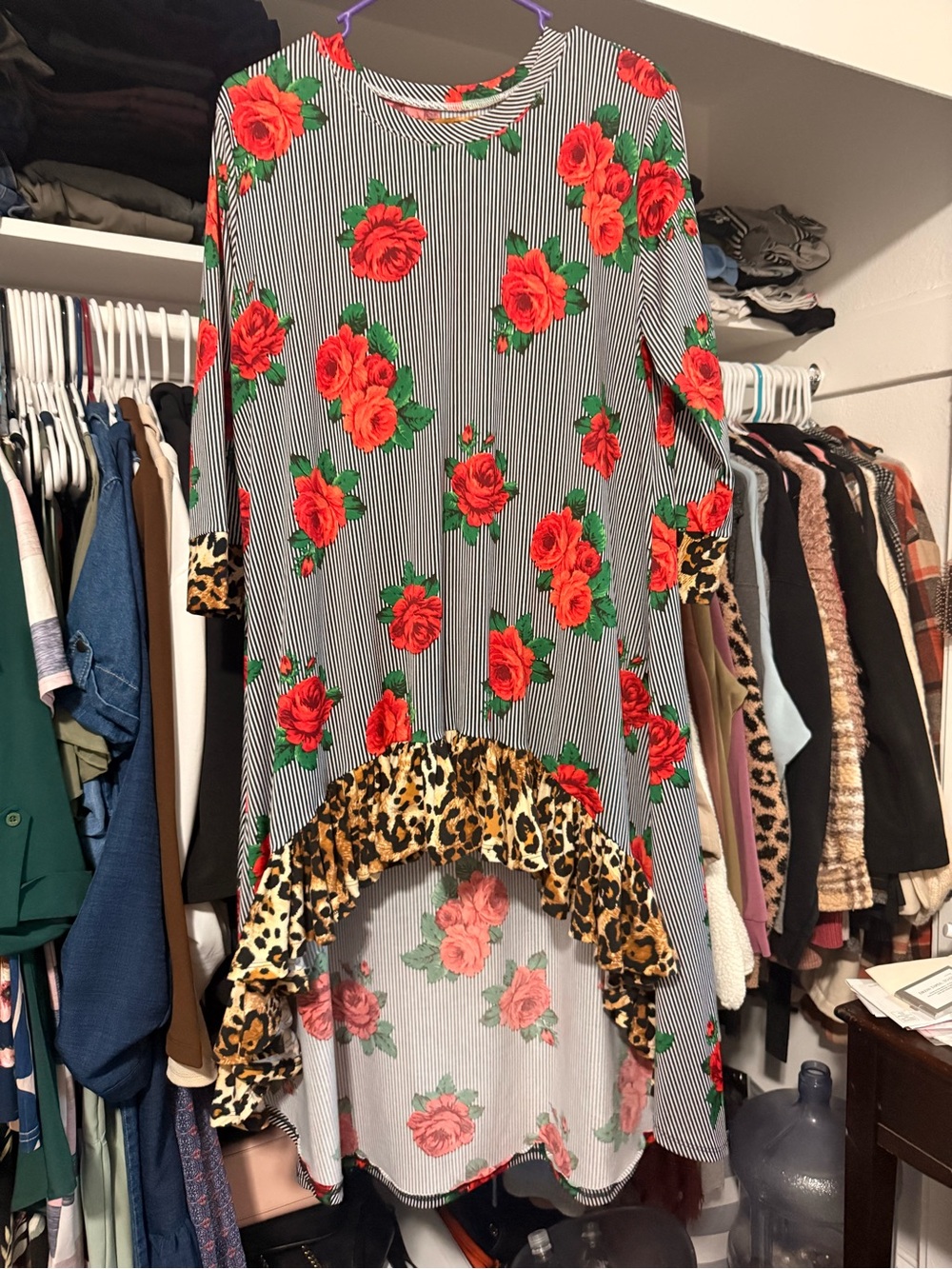 Women's Floral Stripe High-Low Tunic with Leopard Trim - Red Floral